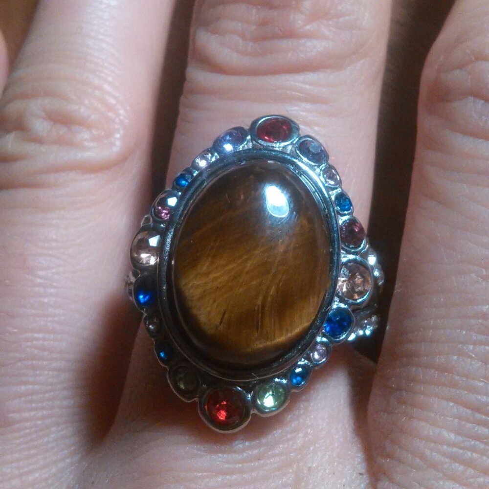 Tiger's Eye and Multi-Color Austrian Crystal Stainless Steel Ring (Size 8)